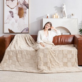 Cozy Bliss Checkered White Faux Rabbit Fur Throw Blanket, Lightweight Fleece Soft Fuzzy Fluffy Minky Cream Furry Blankets for Couch, Bed (Tan, King(108" x 90"))