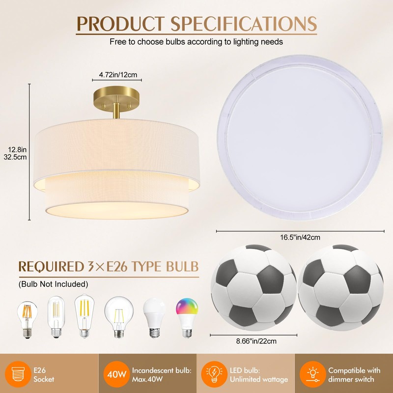 Semi Flush Mount Ceiling Light, 16.5'' Gold Light Fixture Ceiling