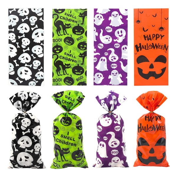 Moigeku Halloween Packaging Bags, Wrapping Bags, 4 Colors, 100 Pieces, Skull Head, Pumpkin, Ghost Cats, Divided Bags, Candy, Sweets, Cookies, Costume Party
