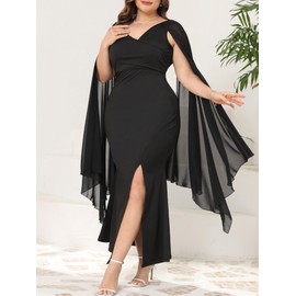 SILUI Women's 2024 Plus Size Side Split Deep V Neck Summer Elegant Cocktail Party Wedding Guest Long Maxi Dresses with Cape Black