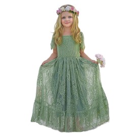 LalaMira Flower Girl Dress Lace Boho Toddler Dresses Backless Ruffle Maxi Girl Dress for Wedding Holiday Beach Party Sage Green-6 Years