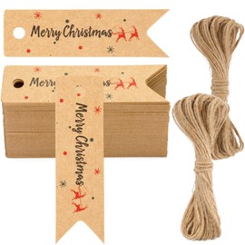 G2PLUS Merry Christmas Gift Tags, 100PCS Small Christmas Lables, Brown Christmas Tags, 2 x7 cm Xmas Gift Tags with String for Christmas Presents & Decoration