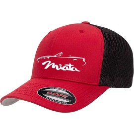 1989-99 Miata Sports Car Classic Outline Design Flexfit 6511 Trucker Mesh Fitted Cap red/Black