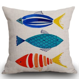 Smooffly Watercolor Fish Cushion Cover Linen Cotton Print Square Decorative Throw Pillow Case for Bed Couch Car 18 x 18 Inches 45 x 45 cm