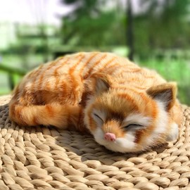 Lifelike Sleeping Tabby Cat Figurine - Realistic Curled Up Kitten Statue, Faux Fur Orange Tabby Decor, Handcrafted Home Office Shelf Display, Collectible Gift