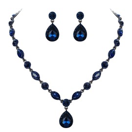 EleQueen Women's Wedding Bridal Jewelry Set for Brides Bridesmaids, Crystal Teardrop Necklace Dangle Earrings Jewellery for Party Prom Sapphire Color