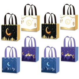 BEANPRECOY 8 Pcs Reusable Eid Mubarak Gift Bags, Ramadan/Eid al-Adha Non-Woven Party Favors for Candy & Decor,20x20x15cm Muslim Celebration Supplies Moon and Lantern Design,Black,White,Blue and Purple
