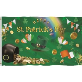 Green Ireland St Patricks Day Flag Banner Decorations Accessories for Garden Polyester with Brass Grommets (Style - B)
