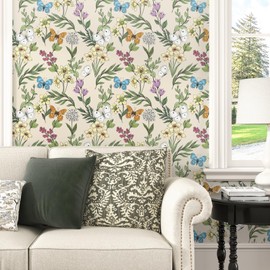 WESTICK Colorful Floral Peel and Stick Wallpaper Butterfly Floral Contact Paper for Walls Removable Botanical Flower Wall Paper for Kids Bedroom Cabinets Nursery Room Shelf Liner 17.5"x100"