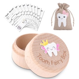 HOTUT 3D Carved Tooth Fairy Box Kit - Wooden Keepsake Holder with Fairy Bag and 10 Certificates for Baby Teeth