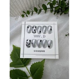 Chrome heart dot, silver black glitter handmade gel nail tip - medium oval / 크롬 하트 도트, 실버 블랙 글리터 수제 젤네일 팁 - 미디엄 오벌