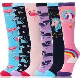 ANTSANG Kids Girls Knee High Socks Long Boot Crazy Silly Fun Gift Cute Tall Animal Socks for Child 6 Pairs Stocking Stuffers Gifts for 10 Year Old Girls Birthday Gifts Ideas(Assorted Animals)