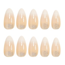 Gradient Press on Nails With French Silver Glitter Design Medium Almond Shape French Tip False Nails Gradient Manicure Art Acrylic Fake Nails Stick Nails for Women Girls 24Pcs