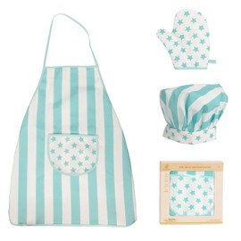WOODENFUN Children's Apron Chef's Hat Set Chef Set for Children Children's Apron Cooking Apron with Pockets, Baking Chef Hat Elastic Band, Star Pattern Cooking Gloves, Children's Role Play (Blue)