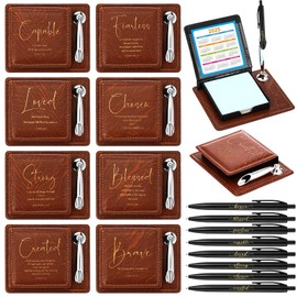 Motiskyy 8 Sets Christian Bible Verse Sticky Note Holder with Ballpoint Pen PU Leather Note Box Pen Holder for Women Men Church Pastor Sunday School Thanksgiving Christmas Gifts(Brown)