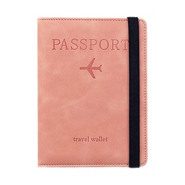 LELYFIT Passport Book Holder Cover Case with Elastic Strap,PU Leather RFID Blocking Document Organizer Protector,Travel Wallet Accessories,for Credit & ID Cards, Boarding Passes (Pink)