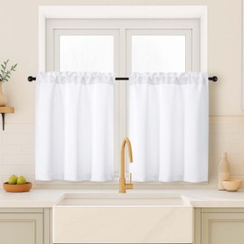 OVZME Pure White Kitchen Curtains for Small Window Treatment, Light Filtering Short Cafe Curtains Over Sink, Half Window Drapes Tier for Bedroom Bathroom Rod Pocket, Each 40Wx36L, 2 PCS