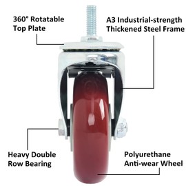 Finnhomy Swivel Caster Wheels 4 Inch Threaded Stem Casters Set of 4 Heavy Duty 3/8"-16 x 1 with Brake Polyurethane Industrial Locking Castors Wheels for Cart/Furniture 2200 Lbs Smooth Casters, Red