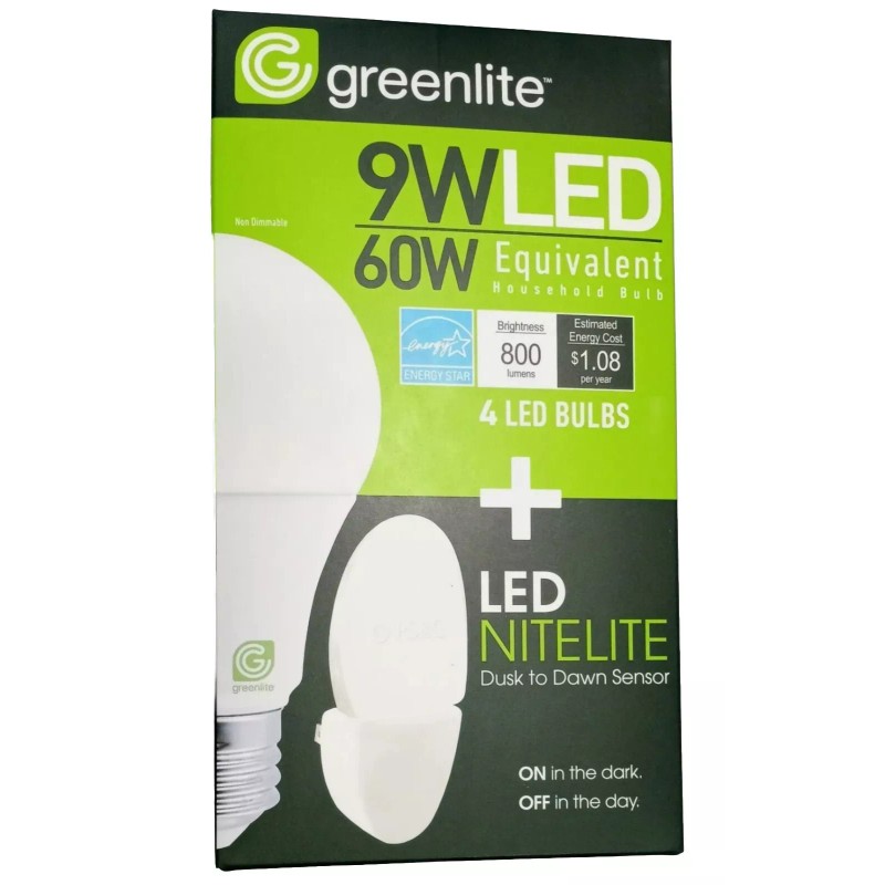 Greenlite 4x9W LED Light Bulb + LED NITELITE GREENLITE A19