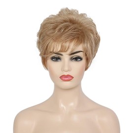 EMMOR Short Blonde Human Hair Wigs for Women Blend with Healthy Fiber Mixed Color Pixie Cut Wig,Natural Daily Use Hair (Color 30/613)