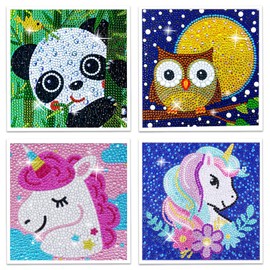 FEXPDL 5D Diamond Painting Kit for Kids 4 Packs Glowing 5D DIY Full Drill Diamond Painting Kit - Adorable Narwhal, Penguin, Flamingo and Owl, Artistic and Fun Diamond Art Activity