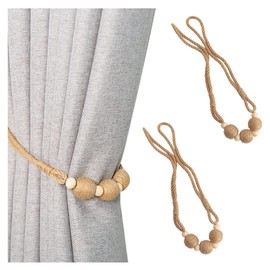 2 Pack Boho Jute Coil Ball Curtain Tiebacks with Wood Beads Handmade Weave Rope Curtain Holders Window Drapes Holdbacks Strap Coffee