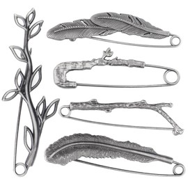 Brooch Pins 5 PCS Vintage Large Safety Pins Heavy Duty Clothes Pin for Scarf Shawl Blankets Skirts Hat Feather Branch Leaf Antique Silver