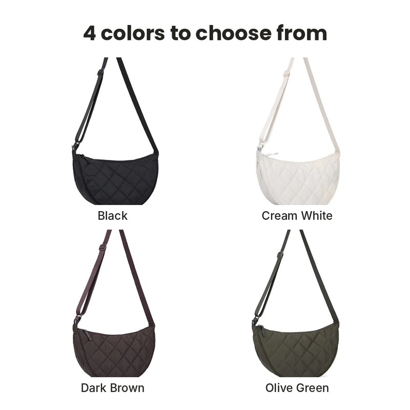 Quilted Crescent Crossbody Bag for Women – Lightweight Nylon Half