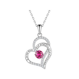 LynChoe Heart Birthstone Silver Necklace for Women, S925 Sterling Silver Pendant Necklace Birthday Jewelry Gifts for Her Mother Mom Wife Girlfriend (July-Ruby Red)