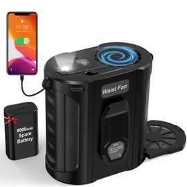 trekkinglamb Portable Waist Fan on belt with 8000mAh Detachable Spare Battery, 5-Wind Speed, LED Light & Display, Detachable Dust Filter, Rechargeable Fan with Clip For Outdoor, Camping, Work, Travel