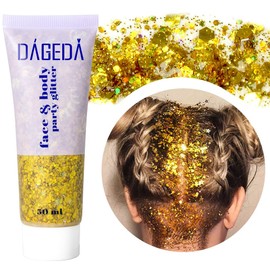 DAGEDA 50ML Body Glitter Gel, Face Glitters Body Gel Sequins Shimmer Liquid Eyeshadow, Chunky Glitter for Face Hair Nails, Holographic Cosmetic Laser Powder Festival Glitter Makeup (Gold)