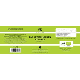 QIDOSHA® Bio Artischocken-Extrakt aus Frankreich, 240 Kapseln im Apothekerglas, 1800mg je Tagesportion, 600mg je Kapsel, mit 2,5% Cynarin, deutsche Fertigung, jede Charge laborgeprüft