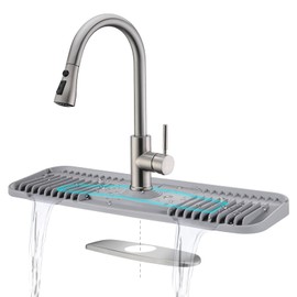2nd Generation Silicone Faucet Mat, Kitchen Silicone Faucet Drip Catcher with Cuttable Circular Central for Kitchen Sink, Tailor-Made for Faucets with Deck Plate【Light Grey】