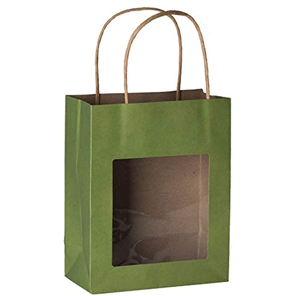 Hammont Green Kraft Paper Bag with Window (10 Pack) - Food Storing Pouches with Handles, Gift Bags with Transparent Window 7.75"x 6.25"x 3"