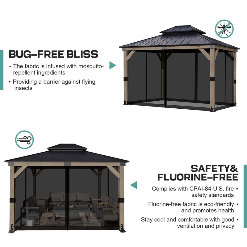 Aoodor 12x14 ft Gazebo Mosquito Netting, Replacement 4-Panel Sidewalls with