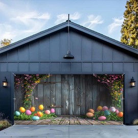 Easter Garage Door Cover 7x16ft Rustic Wood Easter Spring Garage Door Banner Floral Wall Happy Easter Garage Door Decorations Large Easter Wooden Backdrop for 2 Car Garage Outdoor Spring Party