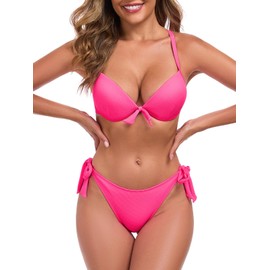 RELLECIGA Women's Push-Up Bikini Set Underwire Bikini Top with Tie Side Bikini Bottoms, Hot Pink, X-Large