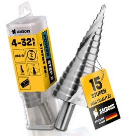 Step Drill Bit Diameter 4-32 mm / 15 Steps Cone Drill / 10 mm Shank / Professional Metal Drill Taper Drill HSS / Anvil PowerStep 2 / Hole Drill Suitable for Steel, Aluminium, Plastic, Acrylic Glass
