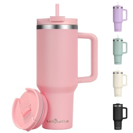 Labulabla 40oz Tumbler with Handle,Double Wall Vacuum Reusable Stainless Steel Insulated Water Bottle,With Leak Proof lid and Straw for Iced or Cold Beverages (light pink)