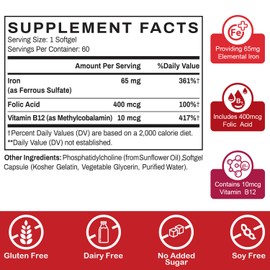 Liposomal Fe Iron Supplement for Women, 65 mg Iron Supplement with Folic Acid & Vitamin B12 for Men, Daily Blood & Energy Support for Adults Iron Deficiency 60 Softgels (1 Bottle)