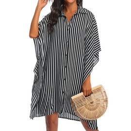 Ekouaer Swim Cover Up for Women Swimsuit Coverups Bikini Beach Cover Up Pool Beachwear Swimwear,XX-Large Black Stripe