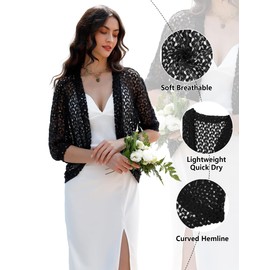 Gyabnw Women's Elegant Bolero Lace Jacket Festive Cardigan Short Blazer Festive Bolero with 3/4 Sleeve for Evening Dresses Cocktail Dress, black