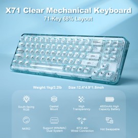 YUNZII X71 Wireless Hot Swappable Transparent Mechanical Keyboard with Clear Keycaps, 68% Layout, BT5.0/2.4G/USB-C Gasket Mount Wireless RGB Backlit for Windows/Mac(Crystal Ice Switch,Cyan)