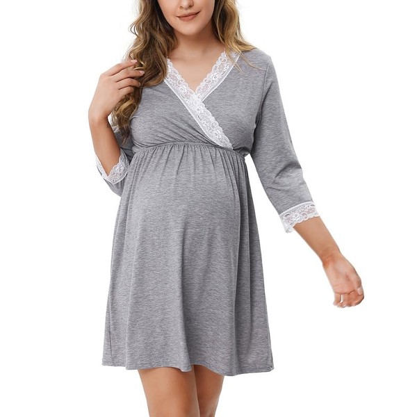 Clearlove Chemise de nuit d'allaitement pour femme avec fonction d'allaitement, robe de maternité, chemises de nuit pour femmes enceintes, gris, L