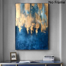 Blue Gold Abstract Canvas Wall Art Gold Foil Artwork Blue Grey Wall Art Blue Gold And Gray Pictures Navy Blue And Gold Abstract Painting Blue And Gold Pictures Modern Room Decor 16x24inch No Frame
