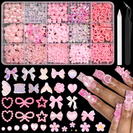 RODAKY Pink Nail Charms 3D Butterfly Bow Charms for Nails Assorted Cute Nail Art Charms Resin Flower Nail Decoration Flatback Nail Pearl for Manicure Acrylic Charms Set DIY Craft Embellishment
