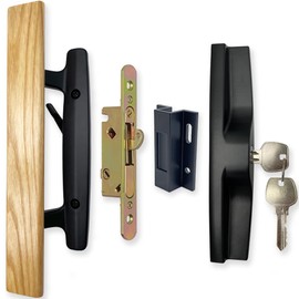ALLYWASAI Patio Sliding Patio Door Handle Set with Mortise Lock, Key Cylinder and Keeper, Wood Handle Lock Set Fits Door Thickness from 1-1/2" to 1-3/4", 3-15/16" Screw Hole Spacing, Keyed, Black