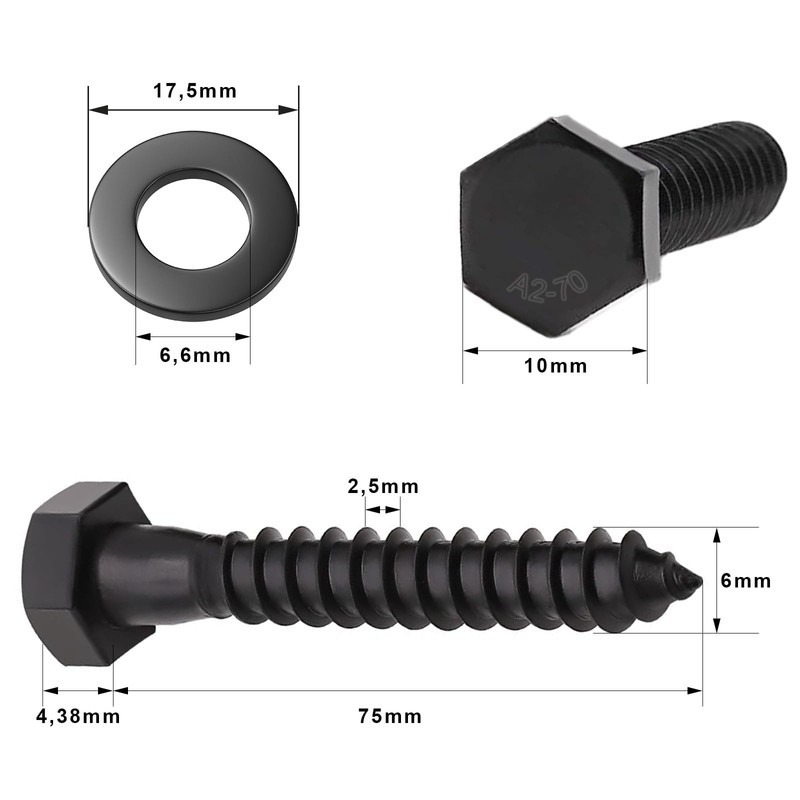 ORTAVA Hexagon Wood Screws (10, Black, M6 x 75)