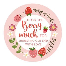 60 x Strawberry Baby Shower Thank You Stickers – Pink and Red Berry Favor Labels for Girl Baby Shower Treat Bags and Gifts – Sweet Party Decoration Stickers – 2 Inch