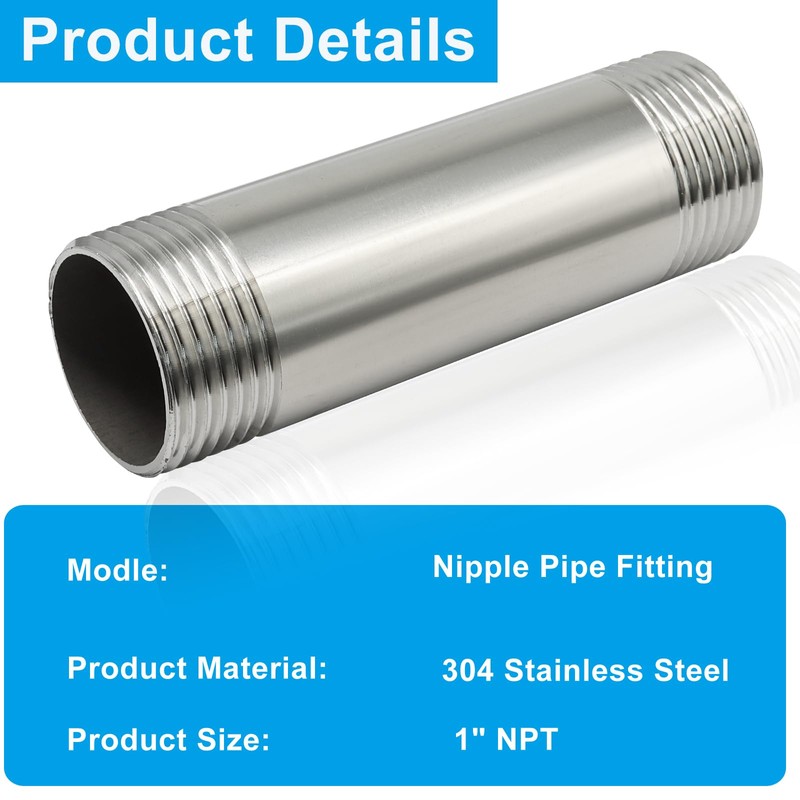 Aoserge 1" NPT Stainless Steel Nipple Pipe Fitting, 4" Length,